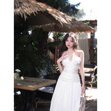 Hot Girl Sexy Show Thin Collar Dew Back Strap Hanging Neck Condole Belt Pleated Seaside Photo Comfortable Dress-Outfit