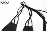 Kliou Tassel Hollow Out Mini Dress Women Sexy Halter Sleeveless Cleavage Backless Lace Up Sheath Skirt Party Clubwear Lady