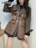 Minimalist Patchwork Pockets Jacket For Women Lapel Long Sleeve Solid PU Leather Slim Autumn Jackets 2021