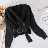 Elegant Women Cardigan Sweater Fashion Belt Autumn Knitted Double Breasted Long Sleeve Tunic Coat Sexy V Neck Black