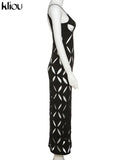 Kliou Unique Style Geometric Maxi Dress Women Elegant Spaghetti Strap Cleavage Backless Hollow Out Robe High Street Lady