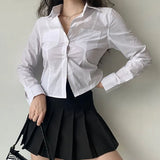Spring All-Match White Women's Shirt Korean Style Button Up Long Sleeve Blouse Ladies Sexy Slim Fit Pockets Short Shirts-Outfit
