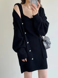 Woherb New Loose Solid Color Sweater Cardigan Package Buttock Vest Skirt Suit In The Long Sweater Two Sets Of Women-Outfit