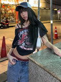 Black Tee Y2k Letter Print Off Shoulder Punk T-shirts Women Harajuku Streetwear Grunge T Shirt Aesthetic Loose Crop Tops 1028-1-Outfit