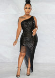 Sexy Sequins Sheer Mesh Patch Straps Slit Cocktail Party
