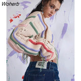 Puss Knit Women Sweather Y2K Ribbon Contrast Color O-Neck Loose Vitality Crop Top Casual Wild Trend Festival Streetwear-Outfit