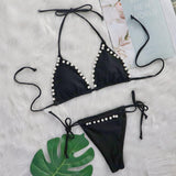 Woherb 2023 New TIKTOK Web Celebrity Sexy Bikini Solid Color Strap Pearl Swimsuit Split Body