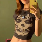 Graphic Letter Skull Print Tshirts Grunge Y2k Vintage Aesthetic Crop Tops Short Sleeve 90s E Girls Slim Summer