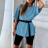 Solid Outfits Women's Two Piece Suit with Belt Home Loose Sports Tracksuits Fashion Bicycle Summer Hot Suit