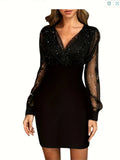 Woherb Women's New Mesh Patchwork Sexy Vintage Elegant V-Neck Party Club Dress-Outfit