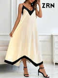ZRN-Women's Asymmetrical Semi-Sheer Midi Dress, V Neck, Thin Straps, Female Dresses, Patchwork, Sexy Fashion-Outfit