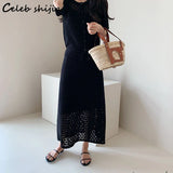 Knit 2 Piece Sets Women Tops and Elastic Waist Skirts Spring Summer Hollow Out Korean Knitted Two Piece Set Woman