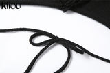 Kliou Halter Knitted Tanks Women Solid Sexy Deep V-Neck Lace Up Backless Tassel Skinny Crop Tops Streetwear Female