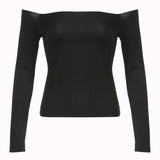 Woherb One Word Shoulder Sexy Off The Shoulder Slim Long-Sleeved T-Shirt Slim Hot Girl Pure Color Short