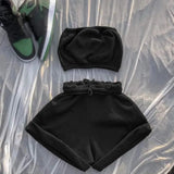 Solid Sportswear Two Piece Sets Women 2021 Crop Top And Drawstring Shorts Matching Set Summer Athleisure