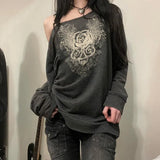 Woherb 2024 New Dark Wind Vintage Print Loose Jacket Diagonal Collar Hoodie Coat Female-Outfit