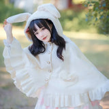 Winter Kawaii Lolita Woolen Shawl Coat Women Sweet Bow Bunny Ears Heart Shaped Button Capes Plush Warm Poncho Outerwear-Outfit