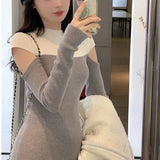 Winter Elegant Fashion Hollow Out Spliced Sweater Bodycon Dress Women Long Sleeve Vestidos De Fiesta Lady Casual Dresses-Outfit