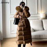 Luxury Brand Women's Winter 90% White Duck Down Jacket Real Fox Fur Collar Hooded Long Slim Puffer Fluffy Feather