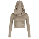 Woherb Street Pleated Hooded T-Shirt 2024 Sports Slim Slim Long-Sleeved Hot Girl Top-Outfit