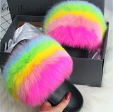 ANERSON Real Fox Raccoon Fur Slippers for Women Fur Slides Flip Flops Beach Plush Fluffy Furry Designer Slippers