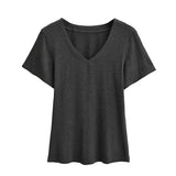 Trend Women's Wear Pure Wind Summer Drooping Feeling Shoulder Waist V-Collar Short Sleeves Thin T-Shirt Plain Color Simple Blouse-Outfit
