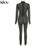 Kliou See Through Hollow Out Sexy Zipper Jumpsuit Women Turtleneck Net Plaid Hole Skinny Elastic Club Streetwear