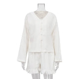 Woherb Women's Summer New Set Beige Long Sleeve Loose Casual Shirt High Waist Shorts Two-Piece Set-Outfit