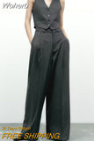Women Autumn Pant Suits 2 pieces Sets 2023 Casual Striped Vests Coats and Wide Leg Pants Female Elegant OL Suit Clothing-Outfit
