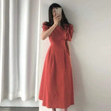 2020 Long Dresses Summer New Design Women Flhjlwoc Korean Japanese Style Cute Bow Tie Cotton Blend Red White Vintage Dress