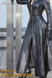 Leather Clothing with Stand Collar Zipper Women Long Trench Coat Solid Color Long Sleeve Slim Fashion Casual Sexy-Outfit