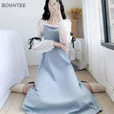 Sleeve Dresses Women Lace-up Patchwork Fashion French Style Leisure Autumn Simple Elegant Comfortable Vestidos Feminino