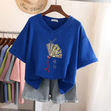 100% Cotton L-5XL Plus Size T Shirt Print Short Sleeve Women's Top Japanese Summer Sweet Couple V Neck Oversize T Shirts-Outfit