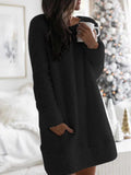 Autumn Winter New Fashion O Neck Women's Casual Straight Dress Long Sleeve Pocket Ladies Sexy Flannel Mini Dresses