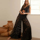 2025 New Solid Color Split Beach Pants Set Sexy Net Eye Hollow High Waist Vacation