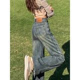 Woherb Tall Waist Straight Leg Jeans Female Spring Autumn New Pear-Shaped Figure Retro Show Thin Feeling Wide Leg Pants-Outfit