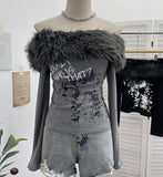 Real Shot Of The Long-Sleeved Long-Sleeved Shoulder-Clothed T-Shirt And Sweet And Spicy Niche Short Thin Velvet Bottom
