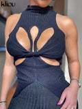 Kliou Ribbed Hollow Out Tops Women Sexy Solid Mock Neck Sleeveless Undefined Cleavage Skinny T-shirt Streetwear Female