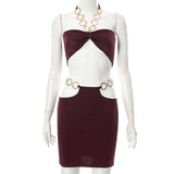 Metal Rings Halter Sleeveless Backless Crop Top Mini Dress 2 Pcs Set 2022 Sexy Women Streetwear Y2K Party