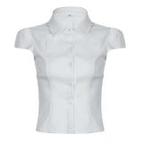 Woherb Style Simple Solid Color Pocket Short-Sleeved Shirt Female Polo Collar Single Breasted Waist Show Thin Top-Outfit