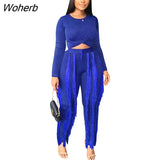 Winter Tassel Two Piece Set Women Fashion Solid Knitted Tshirt Tassel Slim Trousers Two Piece Set Women-Outfit