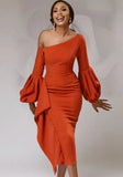 Sexy Slash Neck Puffed Long sleeve Solid Midi