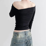 Woherb One Word Shoulder Sexy Off The Shoulder Slim Long-Sleeved T-Shirt Slim Hot Girl Pure Color Short