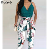 Women 2 Pieces Plain Ruched Top & Floral Print Pants Colorblock Set With Belt 2022 Femme Casual Outfits y2k Overalls-Outfit