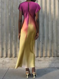 2023 Women Summer Dress Fashion Tie Dye Print Butterfly Sleeve Short Female Casual Satin O-Neck Mid-Calf Elegant Clothin-Outfit