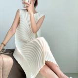 Folded Women's High-Quality Water Year Round Folding Curd Dress Daily Commuting Fashion Sleeveless Long