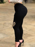 Sexy Ripped Leopard Patch High Waist Slim Fit