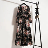 Autumn New Bohemian Floral Print Long Sleeve Waist Dress Women O Neck Loose Casual Beach Vestidos Holiday Robe Dresses-Outfit