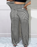 Women Loose Wide Leg Pants Fashion Casual Houndstooth Print High Waist Pants Trousers Autumn Winter-Outfit