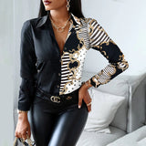 Women Fashion Shirt Lady Long Sleeve Blouse Turn-down CollarButton Design Print Casual